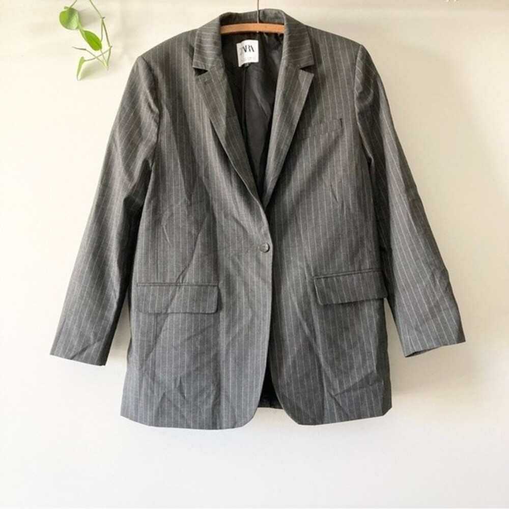 Zara LONG‎ STRIPED STRAIGHT FIT BLAZER L